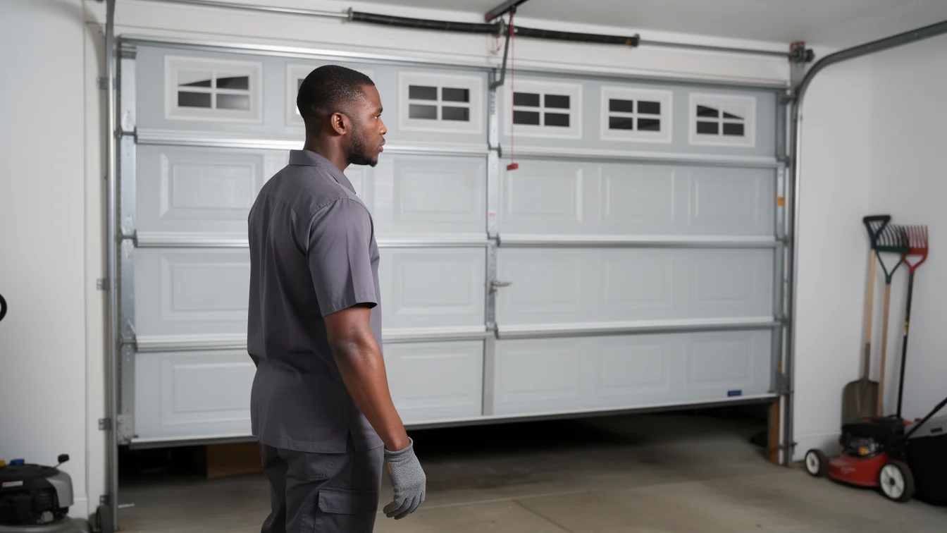 A technician stands in a garage with a partially open white garage door.