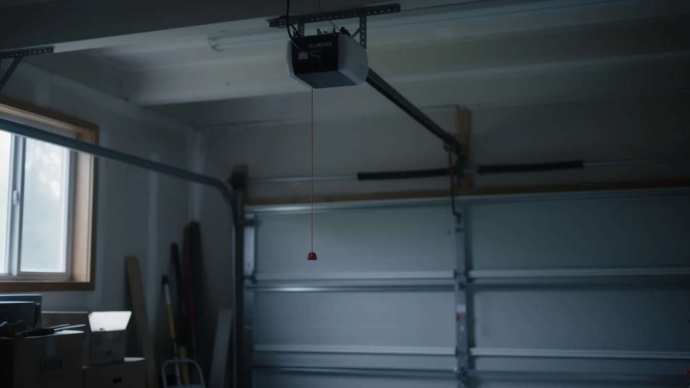 A garage door opener hangs from the ceiling with a red emergency release cord.
