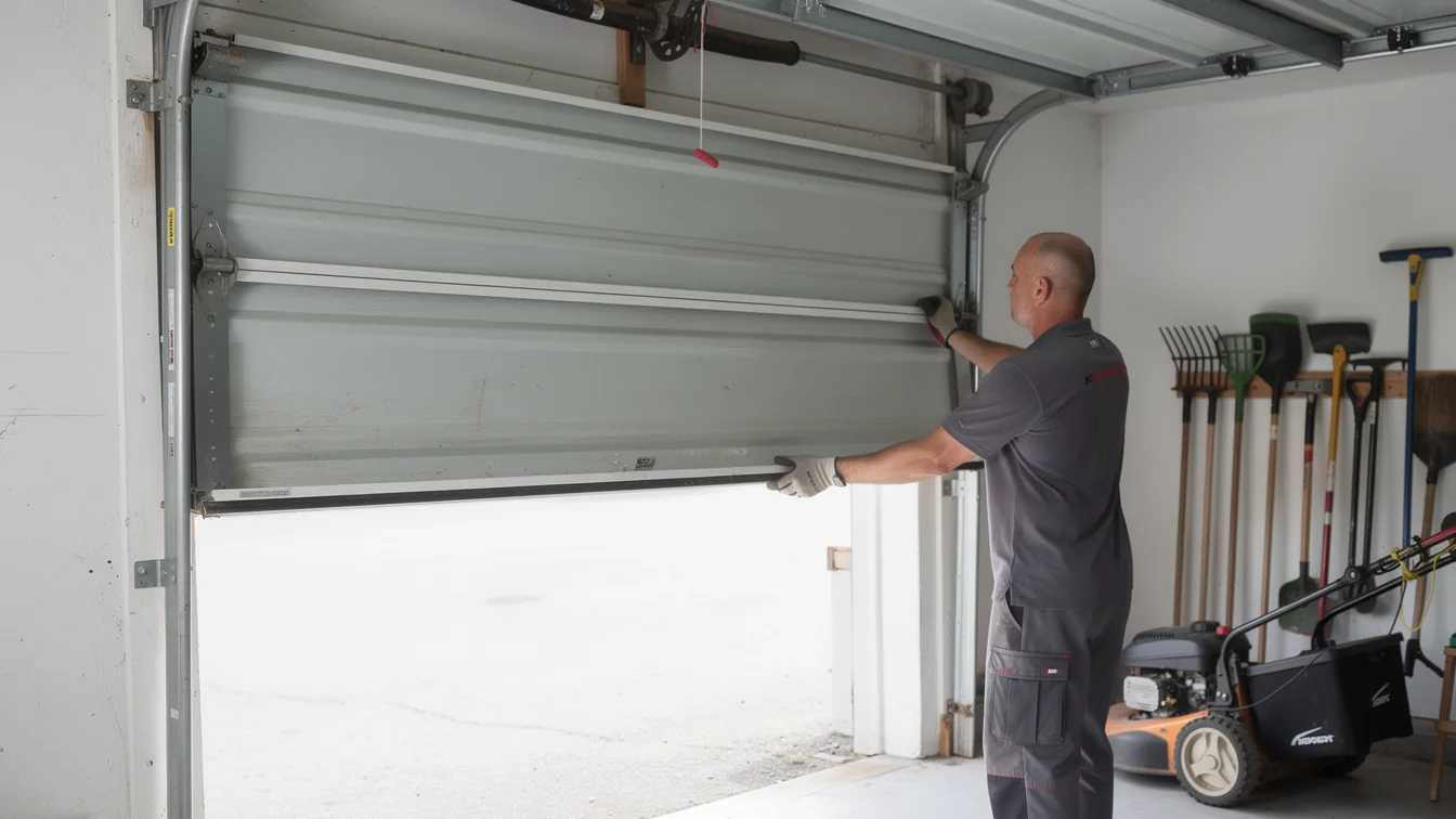 A technician in a gray uniform is working on a garage door.