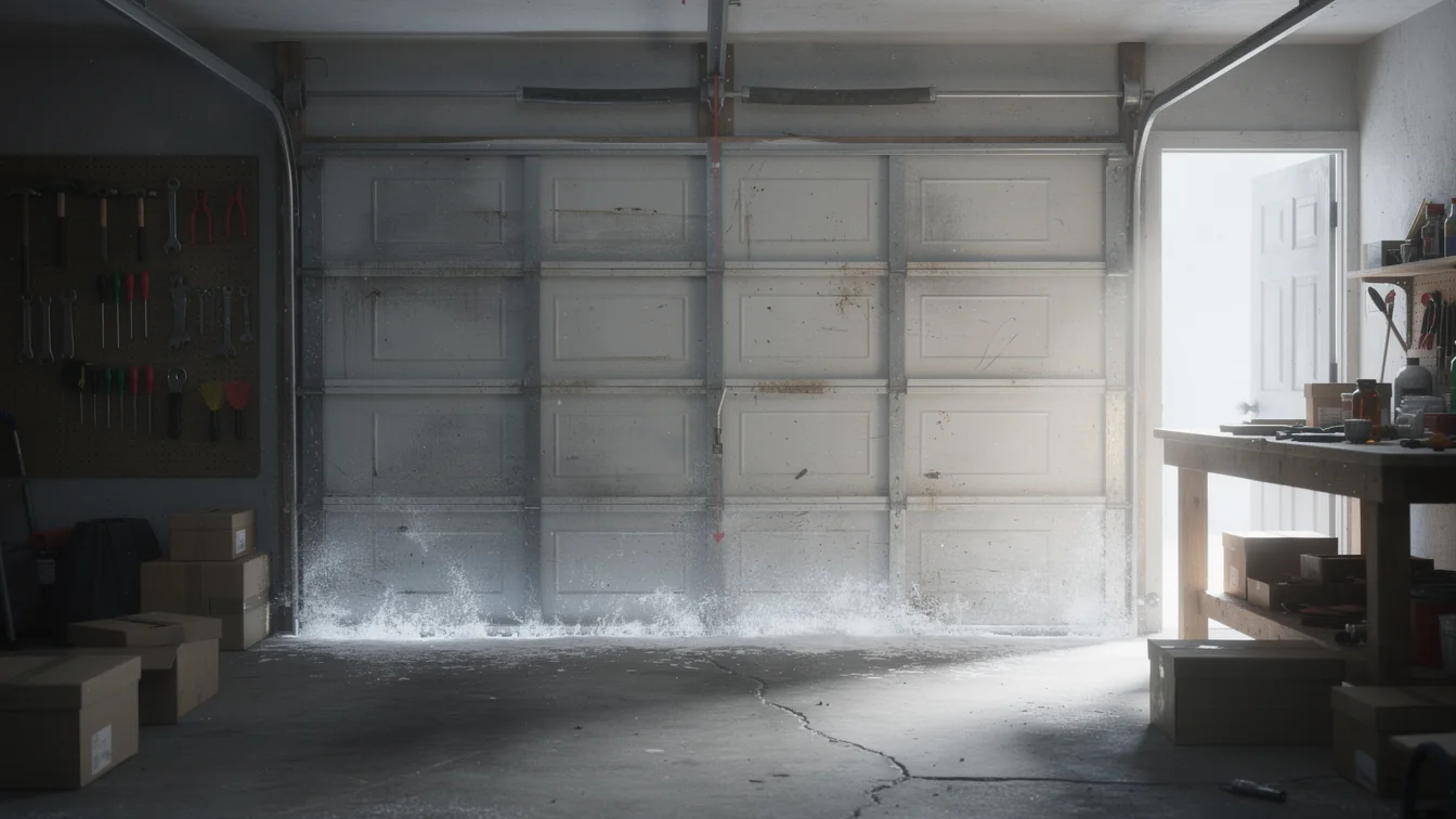 The garage door is closed with water splashing against the bottom.