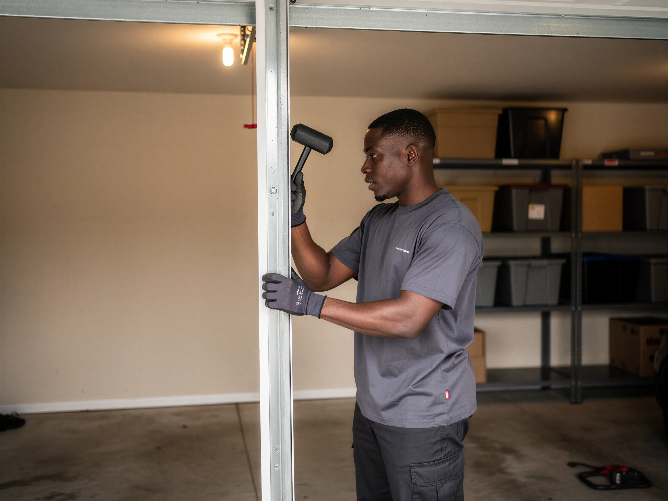 A technician in gloves is installing a garage door track with a rubber mallet.