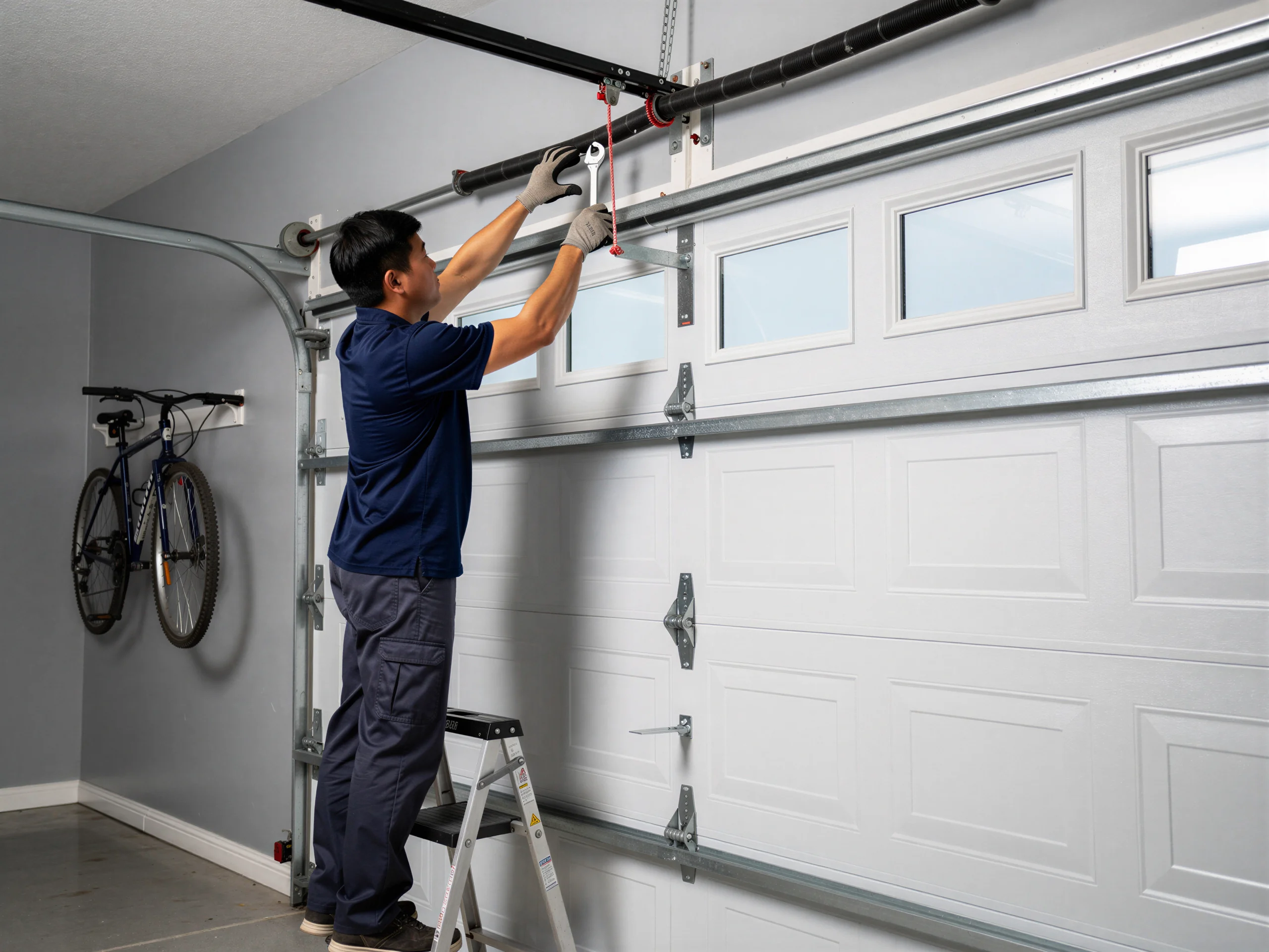 A technician on a ladder adjusts the torsion spring above a white garage door.