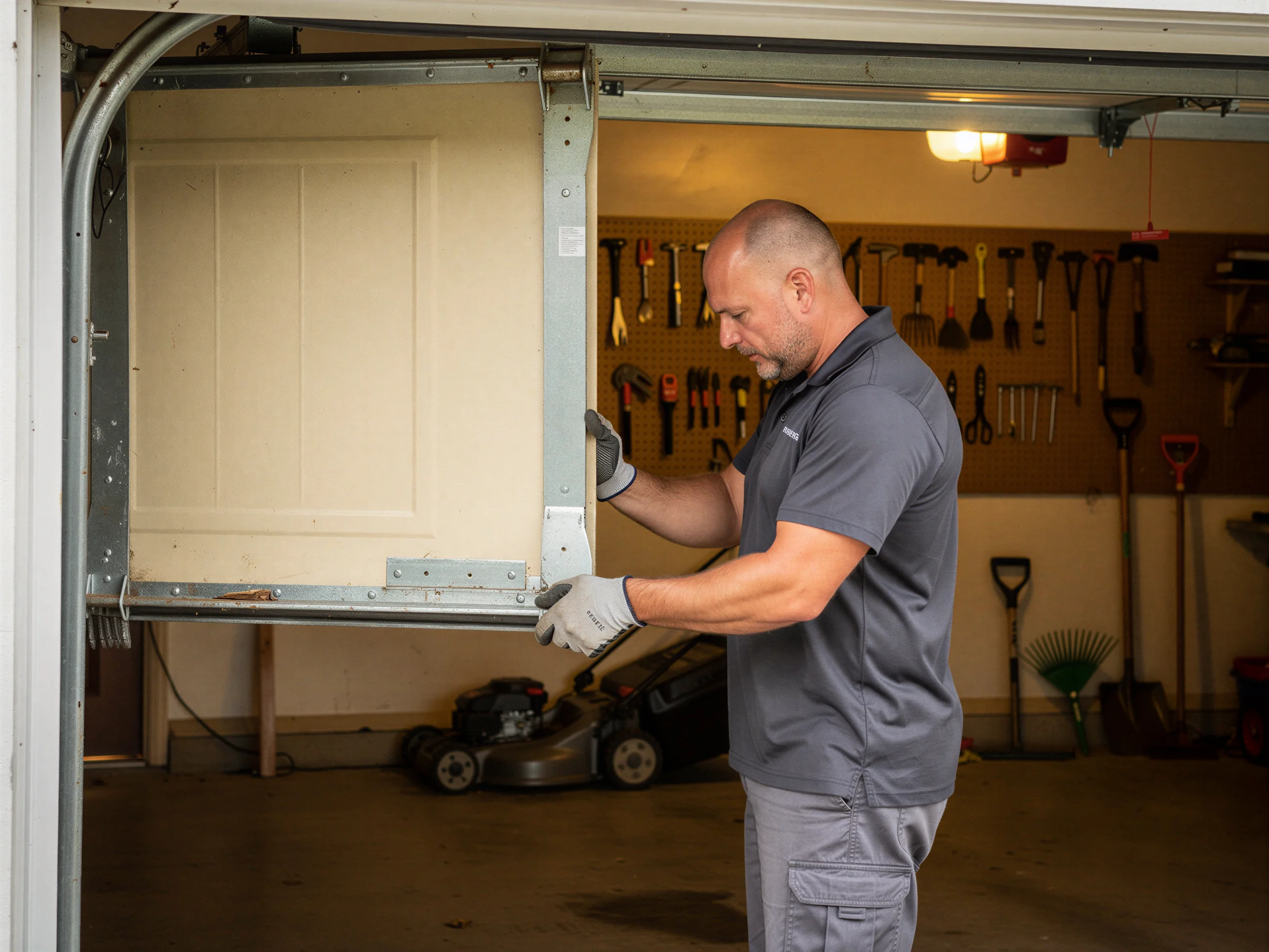 A technician in a gray shirt is working on a garage door panel.